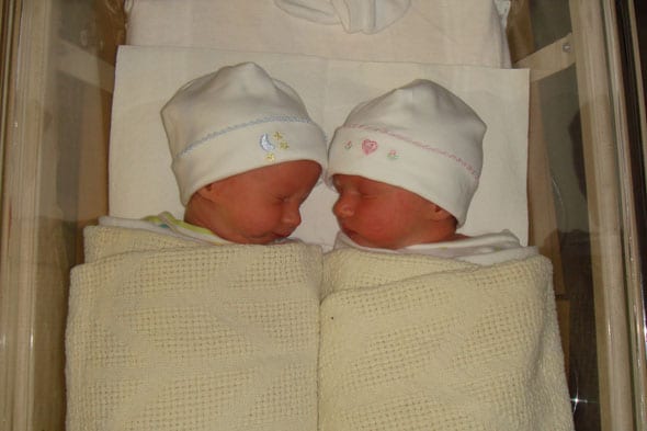 One day old Theo and Luce in hospital