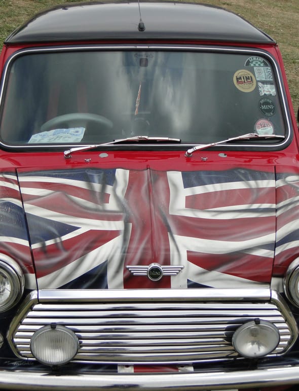 mini with british flag on hood