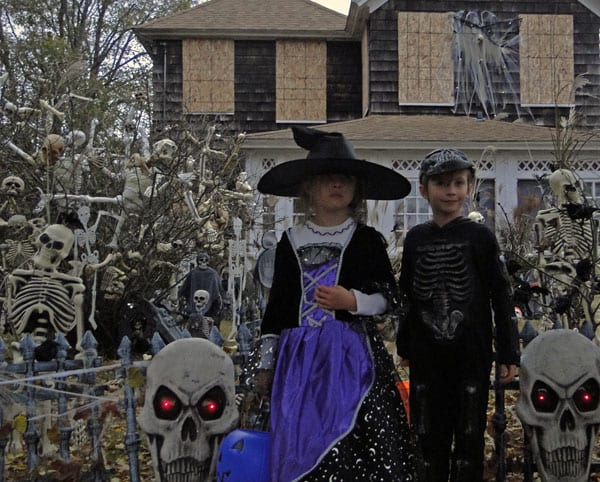 Outside Halloween skeleton house