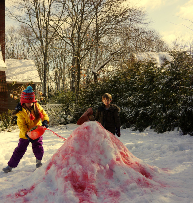 throwing red dye on volcano