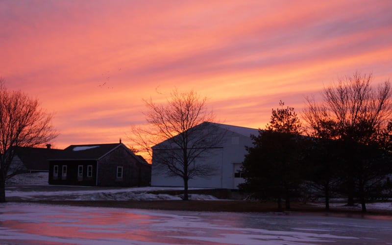 sunset barn reflection