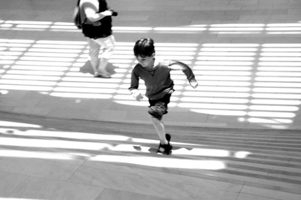 Running up museum stairs in Savannah