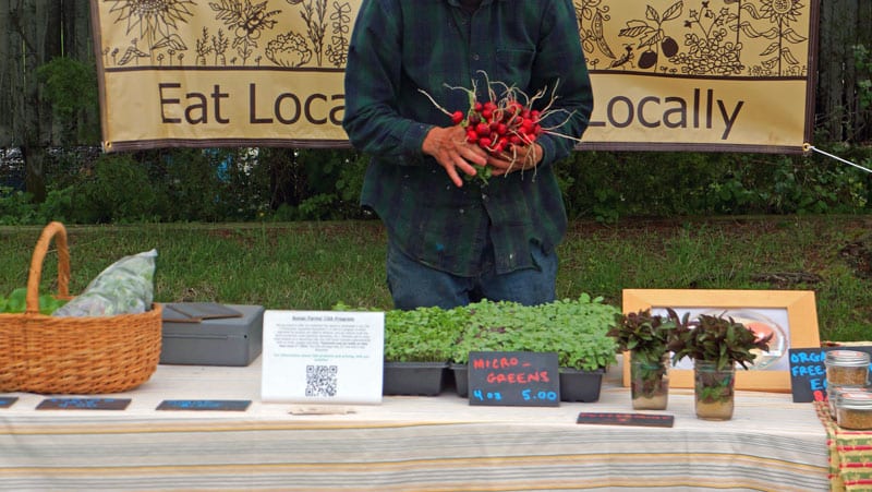 eat locally sign at Farmers market in the Hamptons