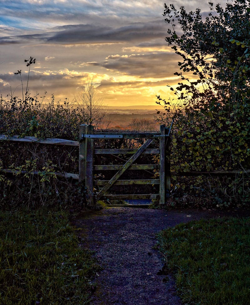 sunset hills behind gate