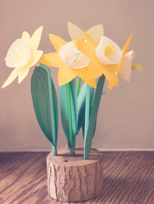 Paper Daffodils in wood base