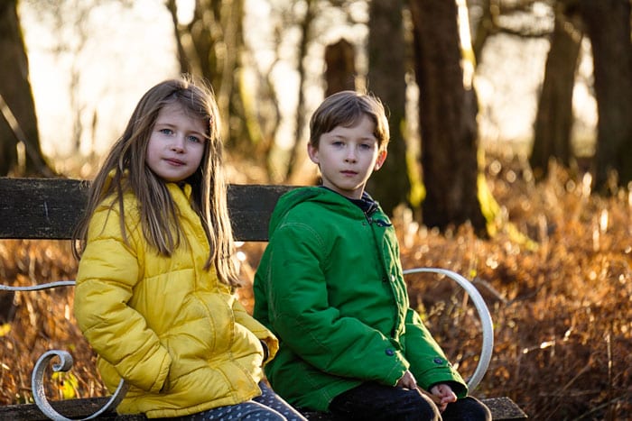 Luce and Theo on bench looking at me