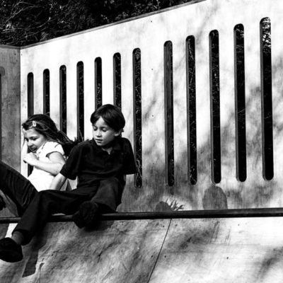 Luce and Theo on skateboard ramp