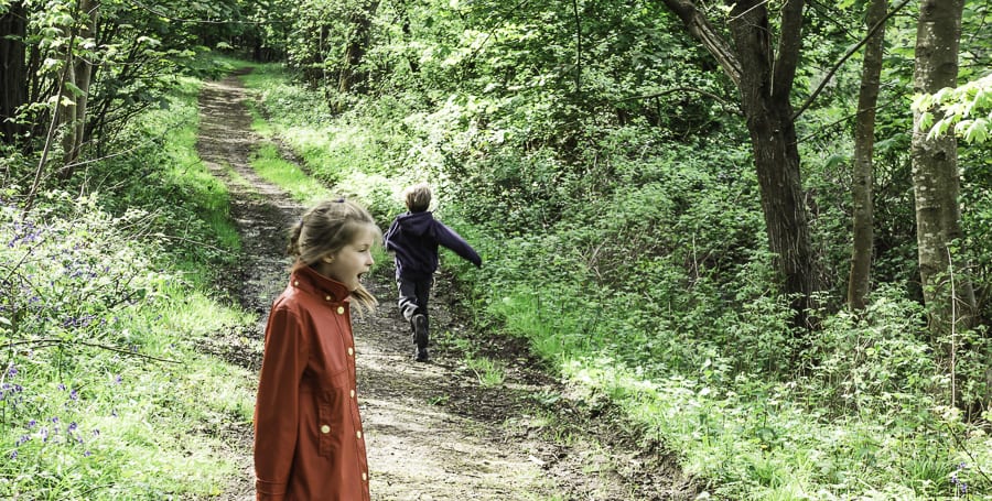 Luce and Theo on road in woods