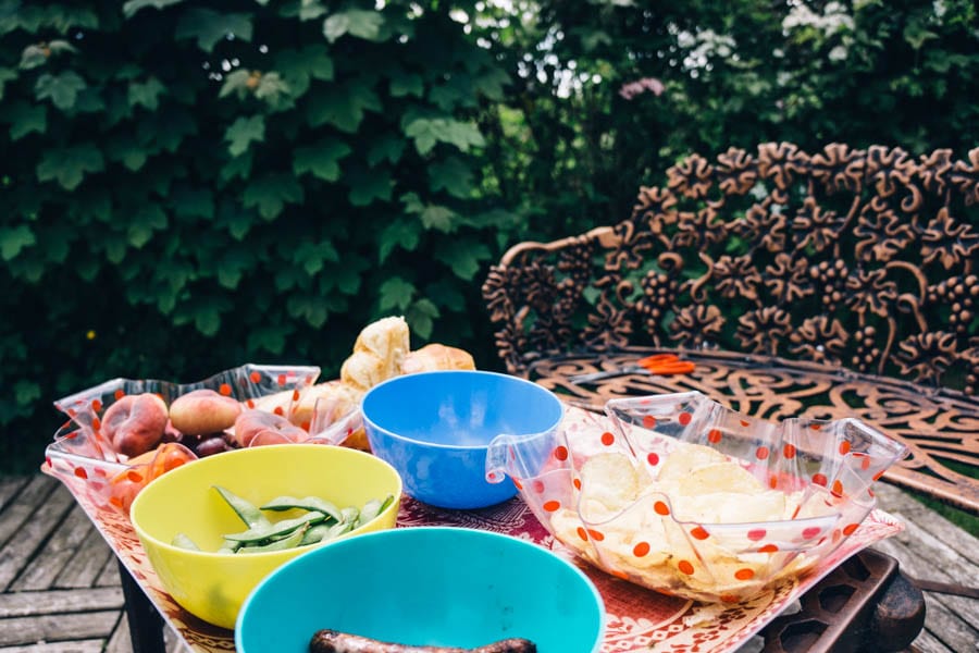 Table with picnic food in my garden