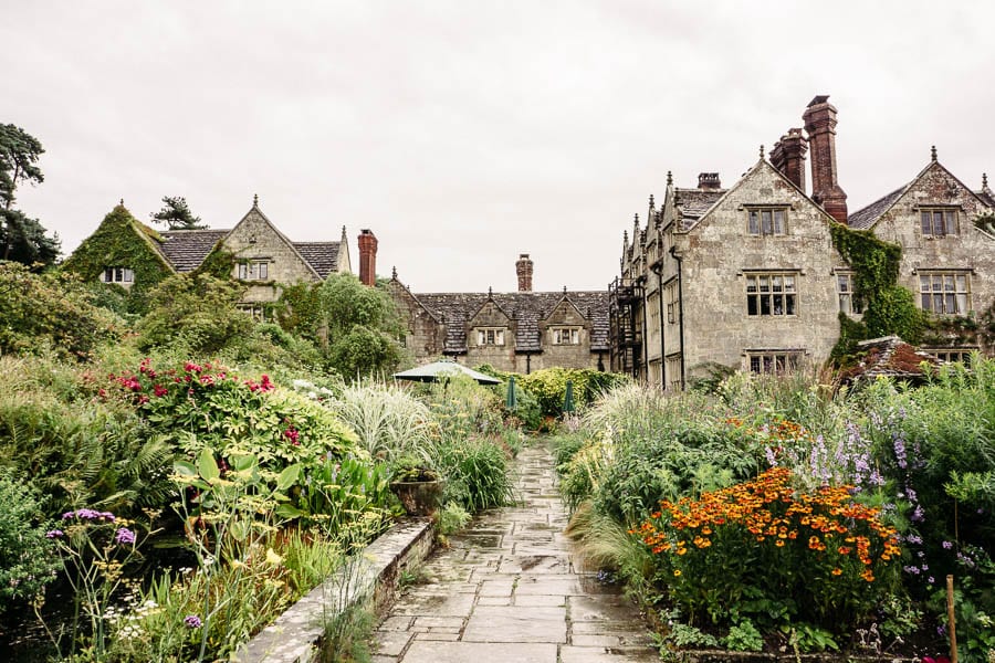 Gravetye Manor flower garden in rain