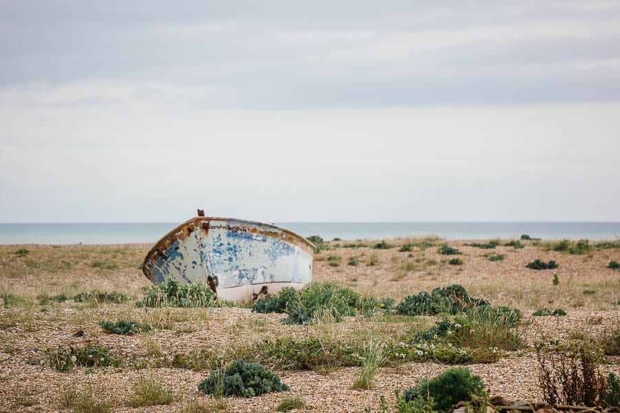 Dungeness boat and shingle and sea