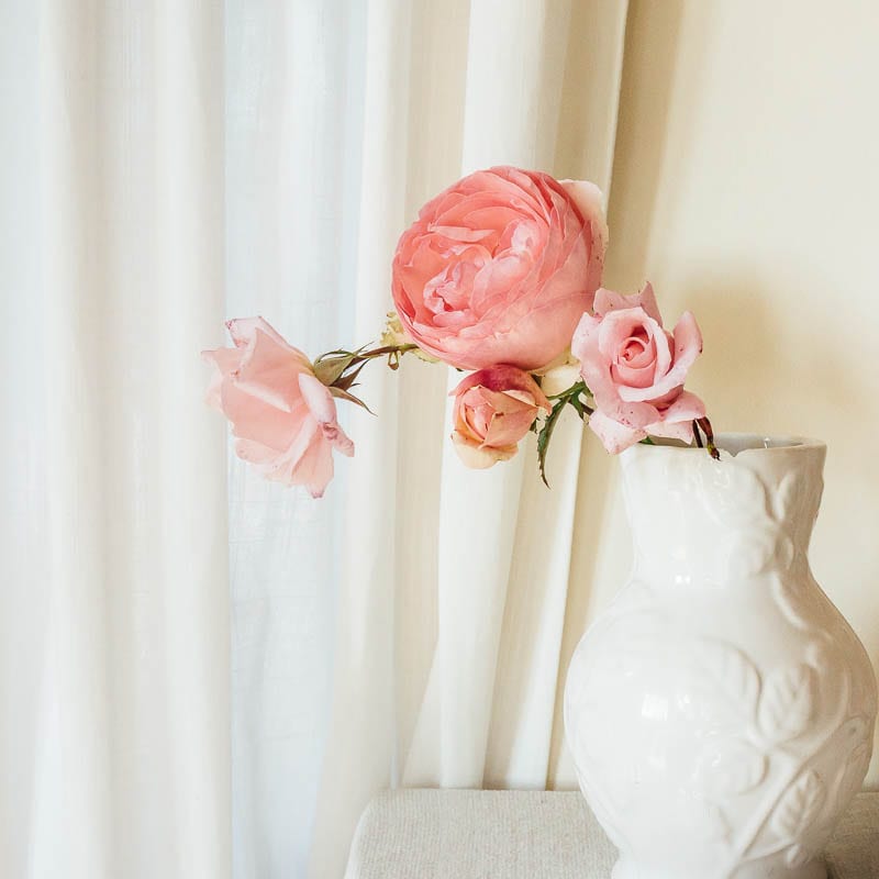 White vase with pink roses