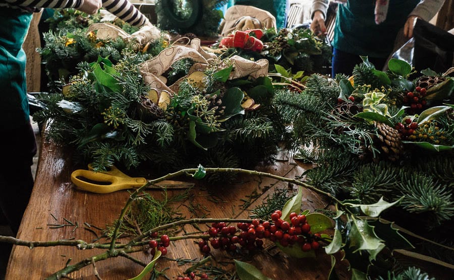 Christmas wreath workshop table