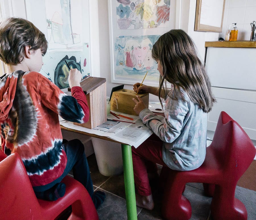 Painted nest box kids painting at table