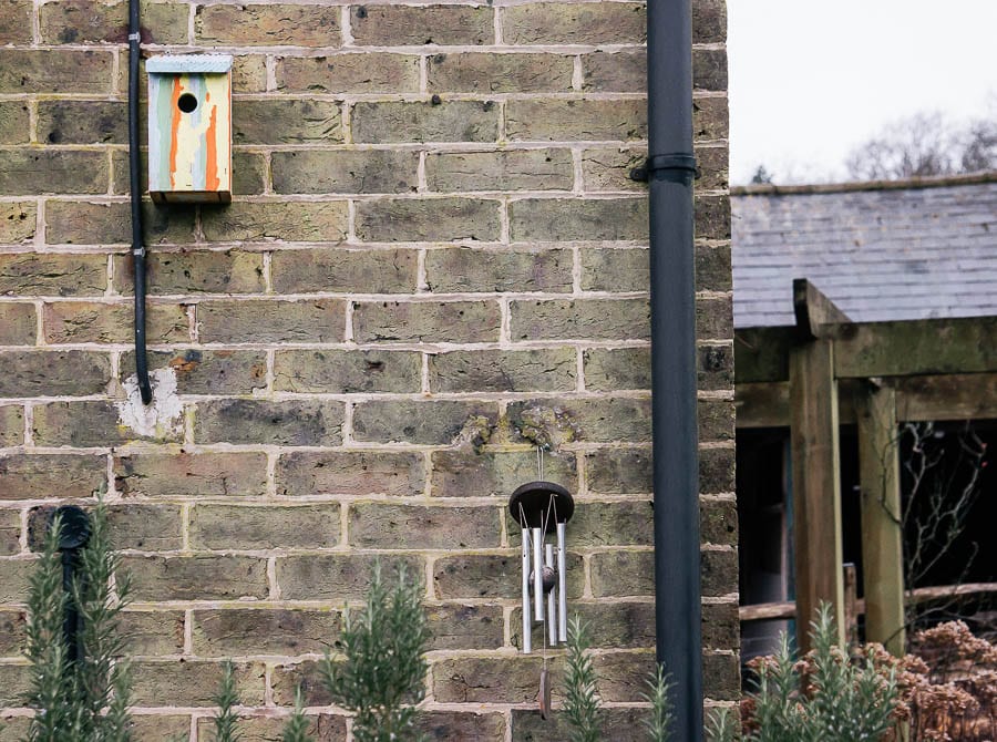 Painted nest box on shady wall