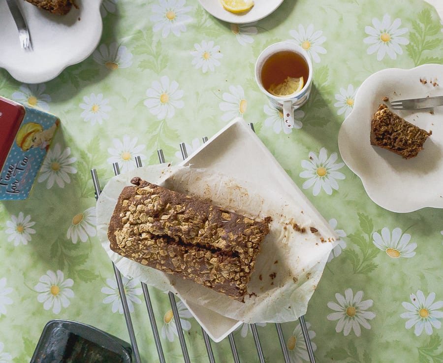 Banana bread with white chocolate topping