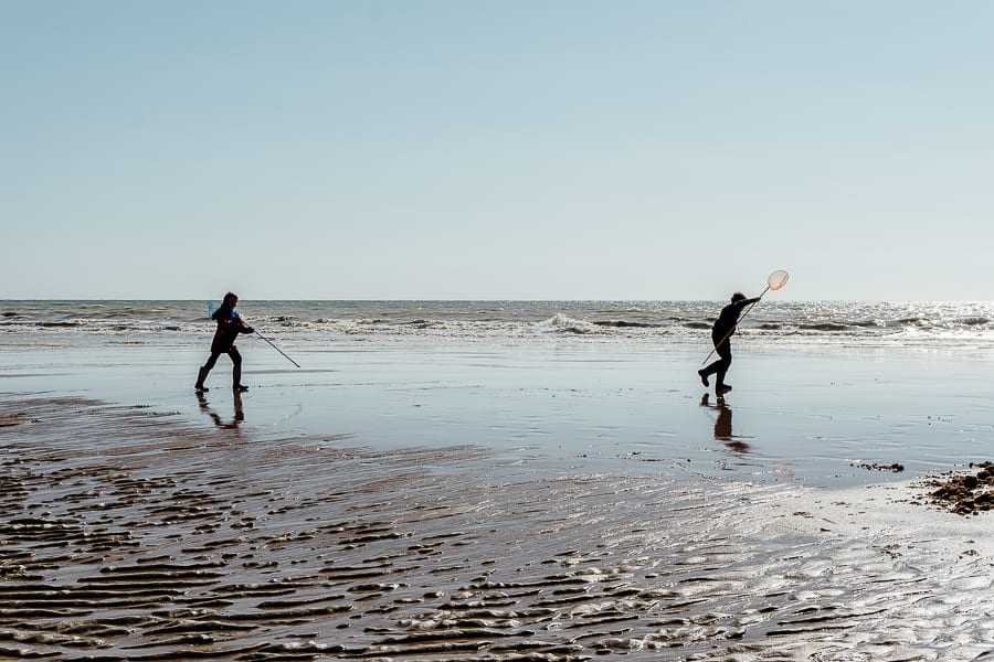 Rock pooling kids and waves and nets