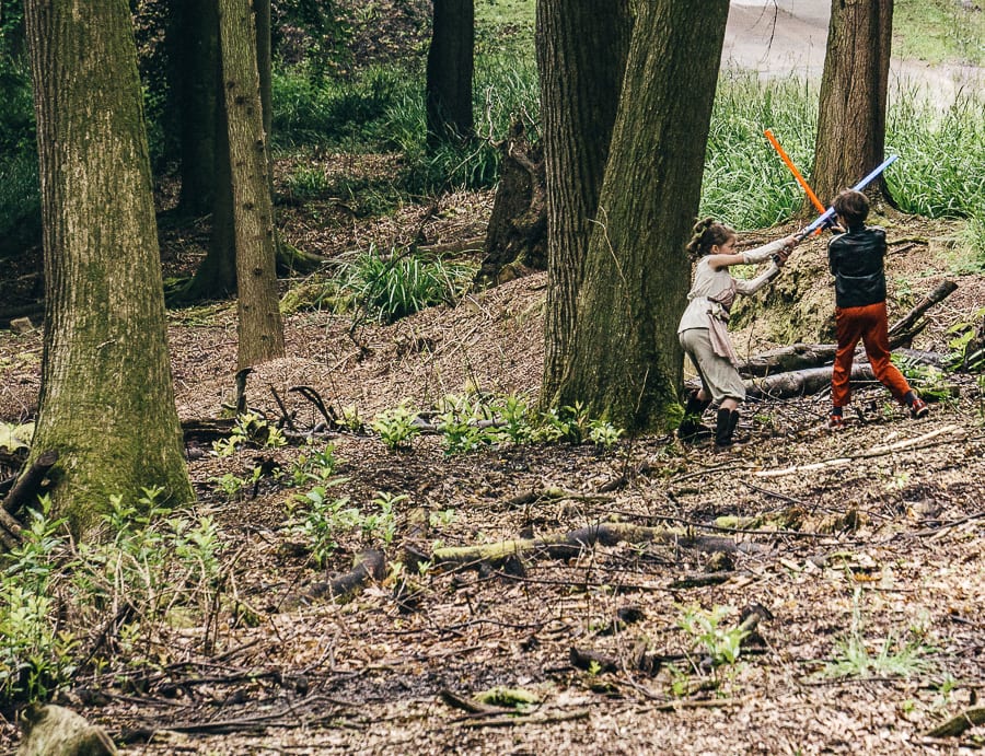 Lightsaber battle in woods with kids