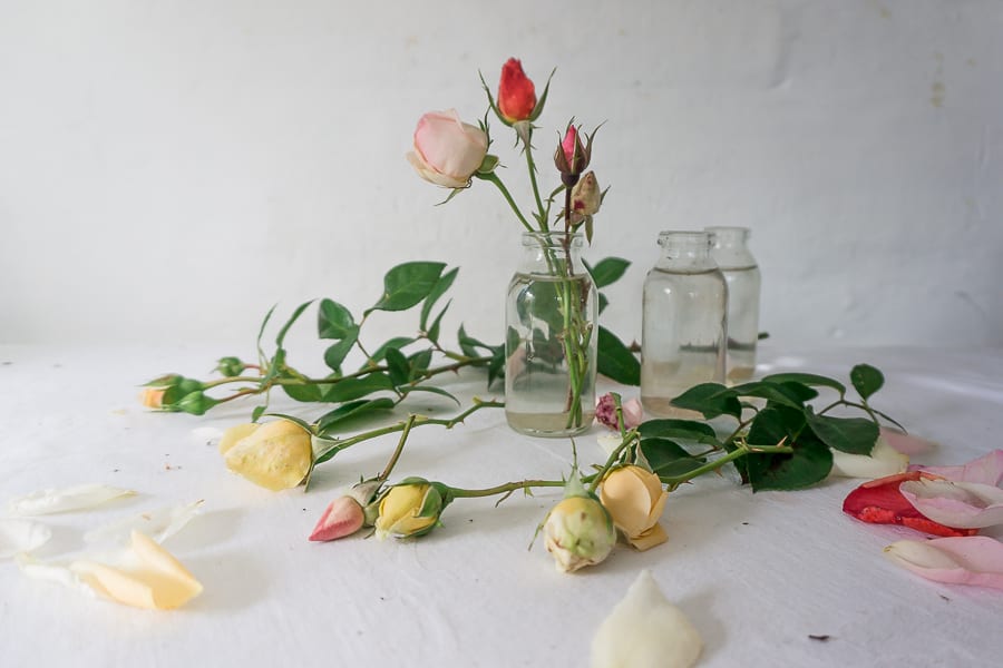 Cut rosebuds and mini bottles